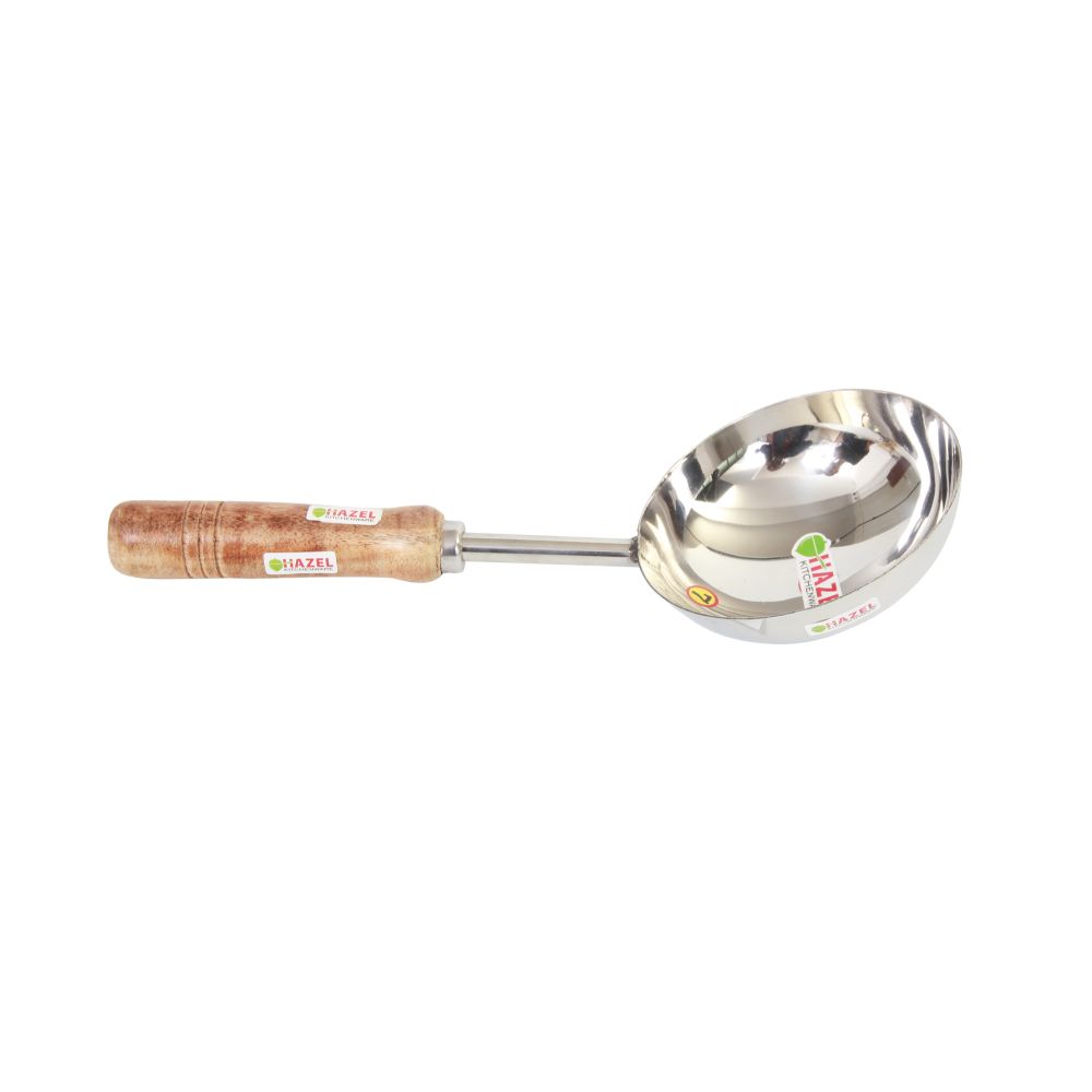 HAZEL Steel Jumbo Tadka Pan with Short Wooden Handle, 36 cm, 400 ml, Silver