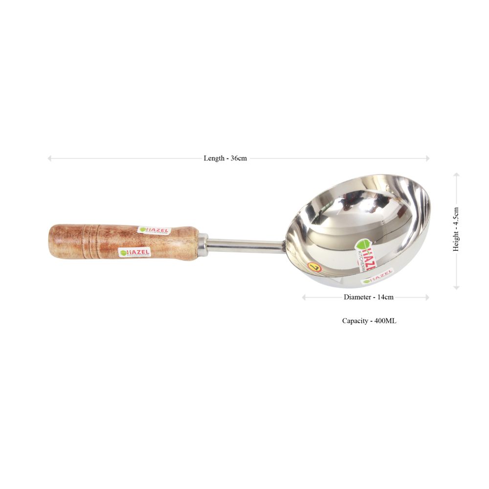 HAZEL Steel Jumbo Tadka Pan with Short Wooden Handle, 36 cm, 400 ml, Silver