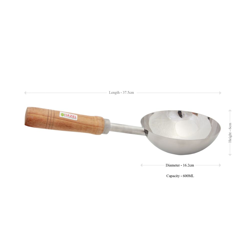 HAZEL Steel Jumbo Tadka Pan with Wooden Handle, 37 cm, 600 ml, Silver