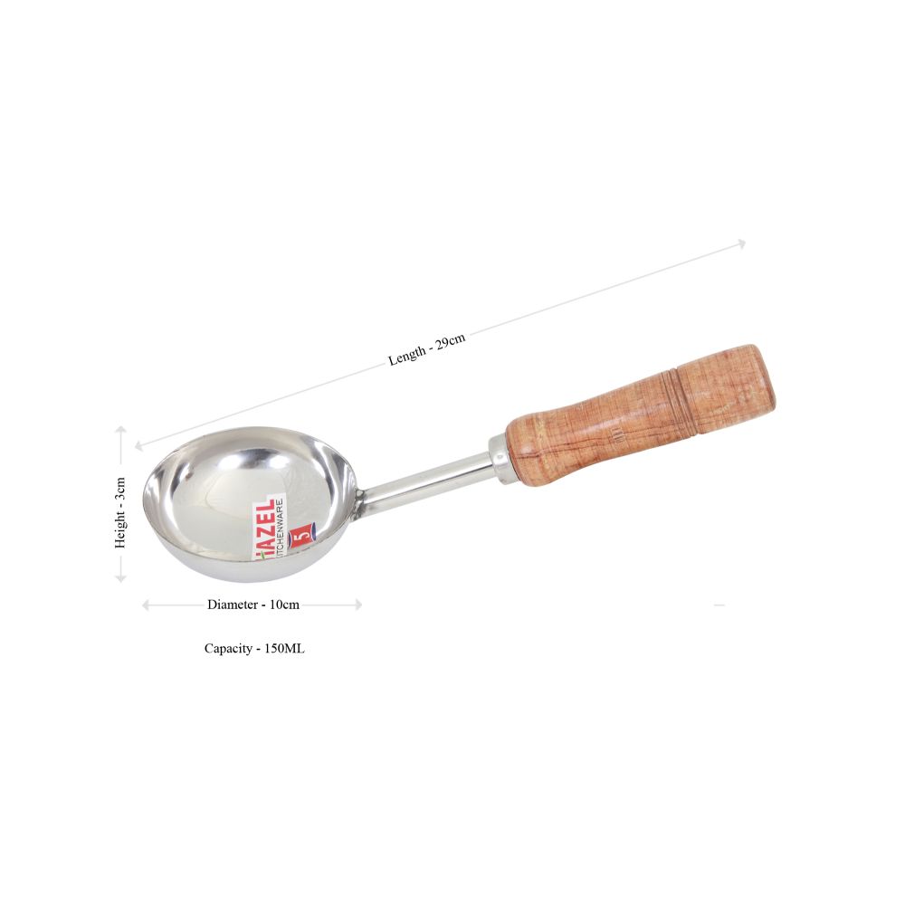 HAZEL Steel Tadka Pan with Short Wooden Handle, 29 cm, 150 ml, Silver
