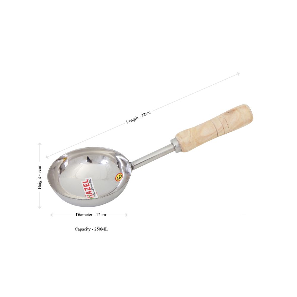 HAZEL Steel Tadka Pan with Short Wooden Handle, 32 cm, 250 ml, Silver