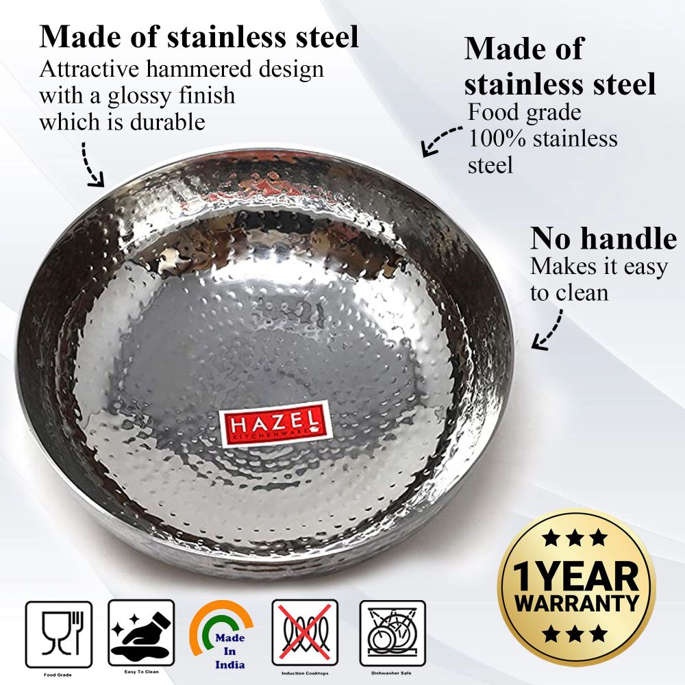 HAZEL Stainless Steel Kadai Without Handle, 18 cm | Hammered Round Bottom Tasra Kadhai Cookware for Daily Usage, 1000 ML