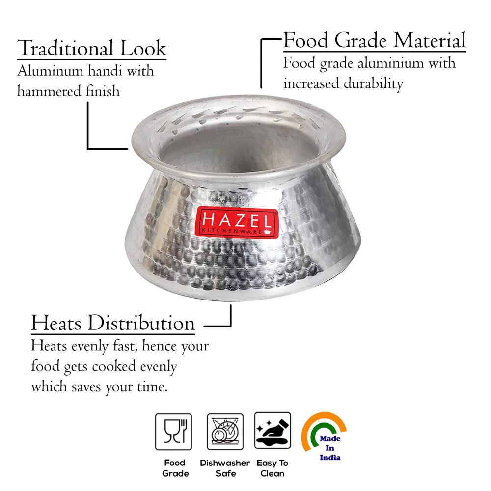 HAZEL Handi for Cooking I Aluminium Vessels for Cooking, 2450 ML Pot with Traditional Hammered Finish | Biryani Handi Set with lid for Cooking, Silver
