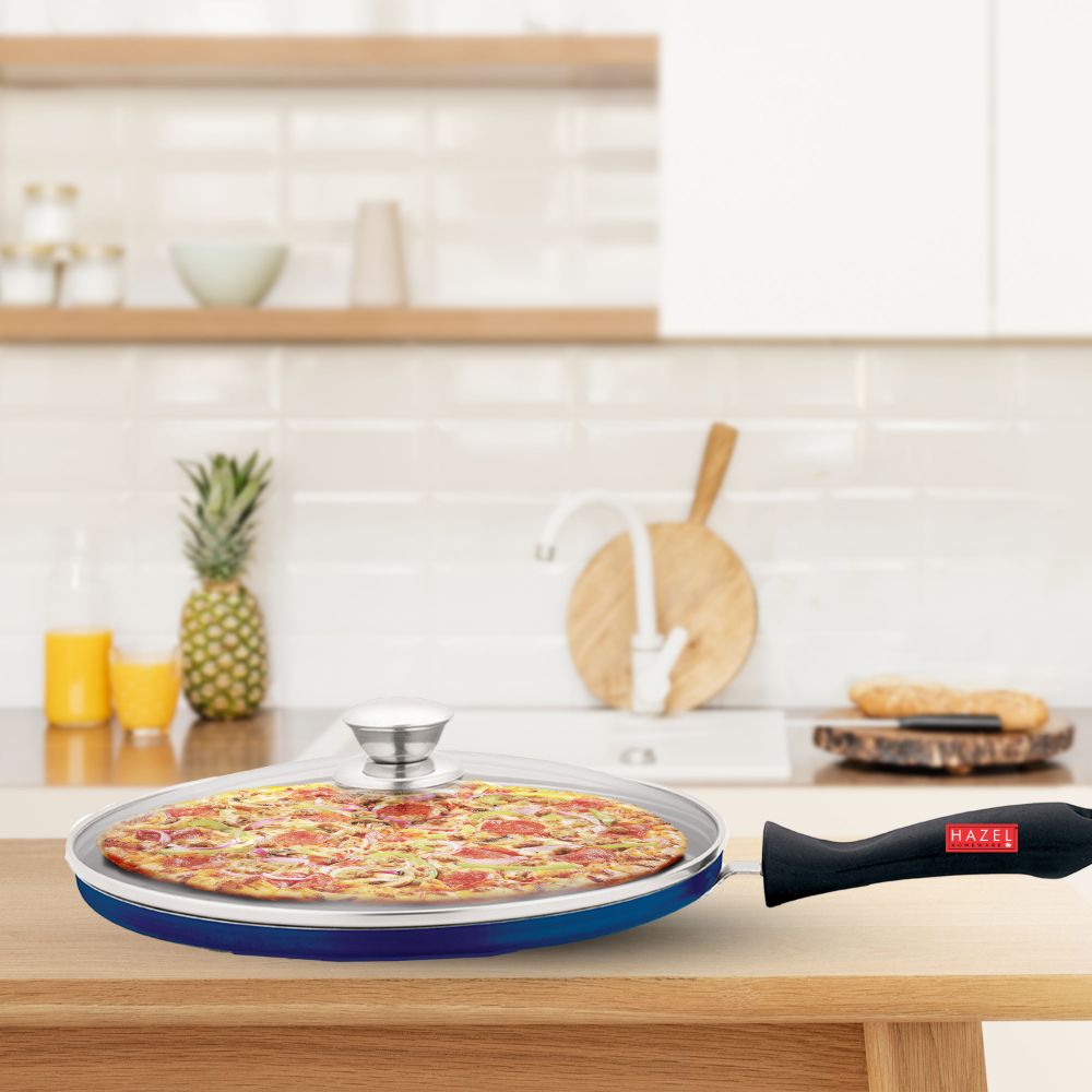 HAZEL Nonstick Pizza Tawa with Flat Base and Holes | Non-Stick Pizza Maker Pan with Handle and Glass Lid | Cookware for Kitchen | Diameter 25.5 cm, 10 Inch, Blue