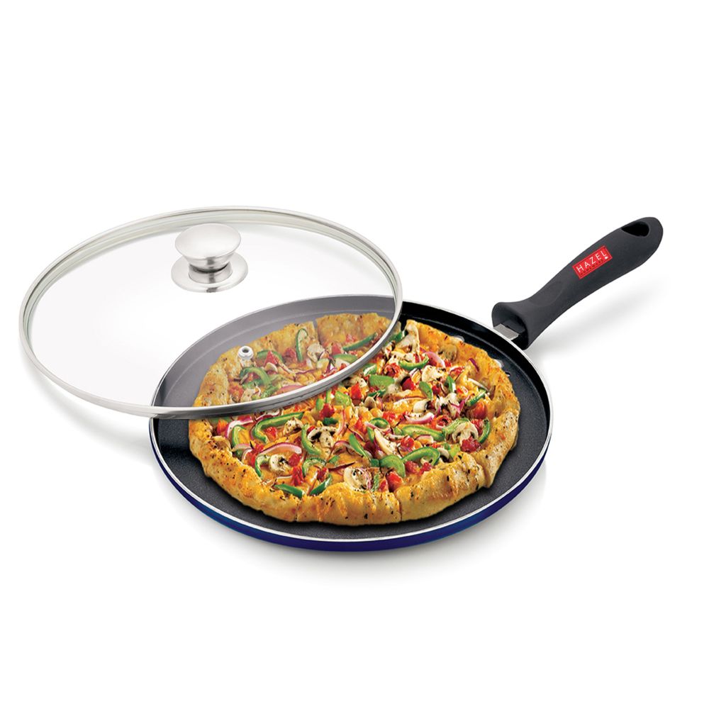 HAZEL Nonstick Pizza Tawa with Flat Base and Holes | Non-Stick Pizza Maker Pan with Handle and Glass Lid | Cookware for Kitchen | Diameter 25.5 cm, 10 Inch, Blue