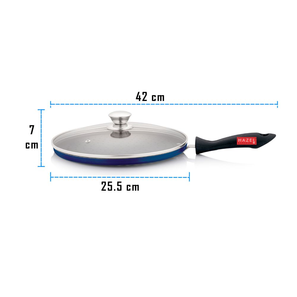 HAZEL Nonstick Pizza Tawa with Flat Base and Holes | Non-Stick Pizza Maker Pan with Handle and Glass Lid | Cookware for Kitchen | Diameter 25.5 cm, 10 Inch, Blue