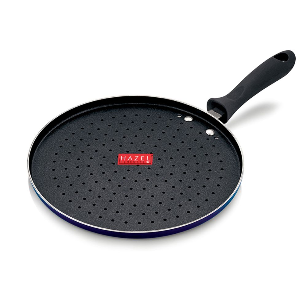 HAZEL Nonstick Pizza Tawa with Flat Base and Holes | Non-Stick Pizza Maker Pan with Handle and Glass Lid | Cookware for Kitchen | Diameter 25.5 cm, 10 Inch, Blue