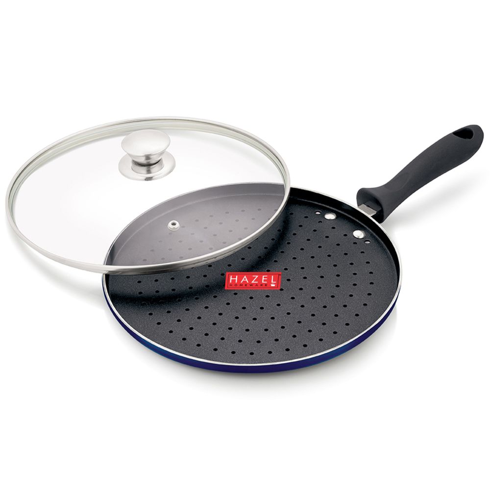 HAZEL Nonstick Pizza Tawa with Flat Base and Holes | Non-Stick Pizza Maker Pan with Handle and Glass Lid | Cookware for Kitchen | Diameter 25.5 cm, 10 Inch, Blue