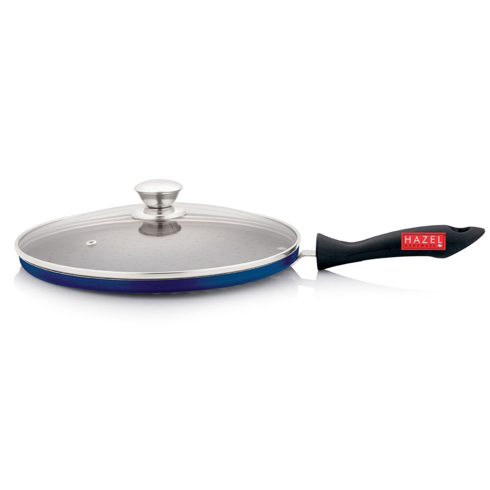 HAZEL Nonstick Pizza Tawa with Flat Base and Holes | Non-Stick Pizza Maker Pan with Handle and Glass Lid | Cookware for Kitchen | Diameter 25.5 cm, 10 Inch, Blue