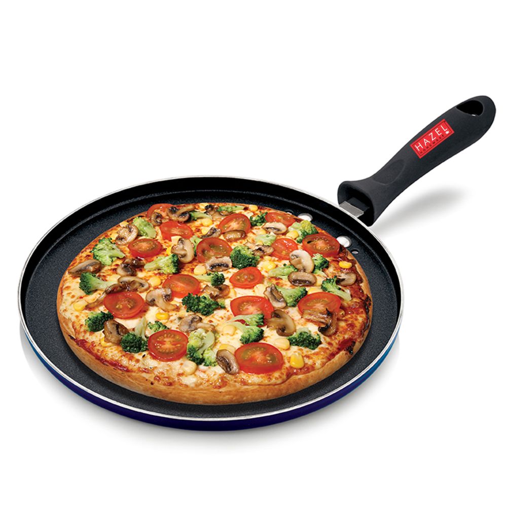HAZEL Nonstick Pizza Tawa with Flat Base and Holes | Non-Stick Pizza Maker Pan with Handle and Glass Lid | Cookware for Kitchen | Diameter 25.5 cm, 10 Inch, Blue
