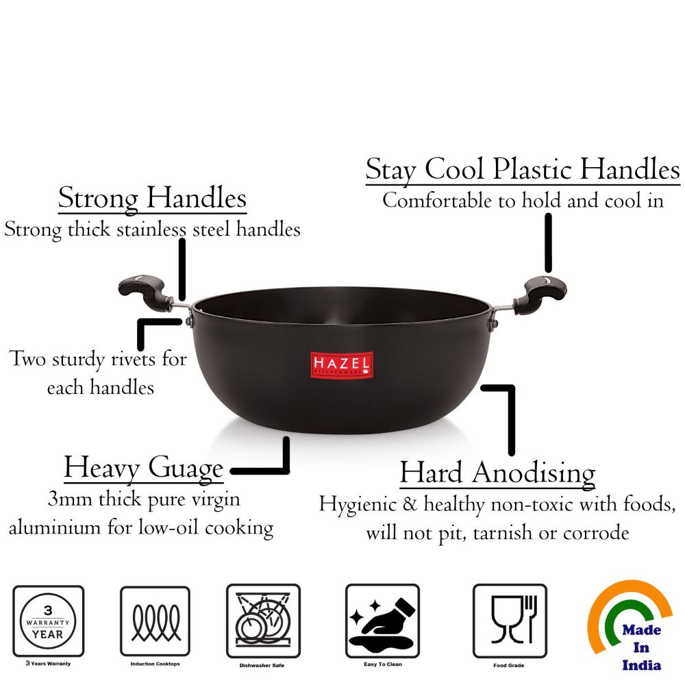 HAZEL 3 mm Hard Anodised Kadai Deep Aluminium Anodized Frying Kadhai with Induction Base, 3500 ml, 24 cm, Black