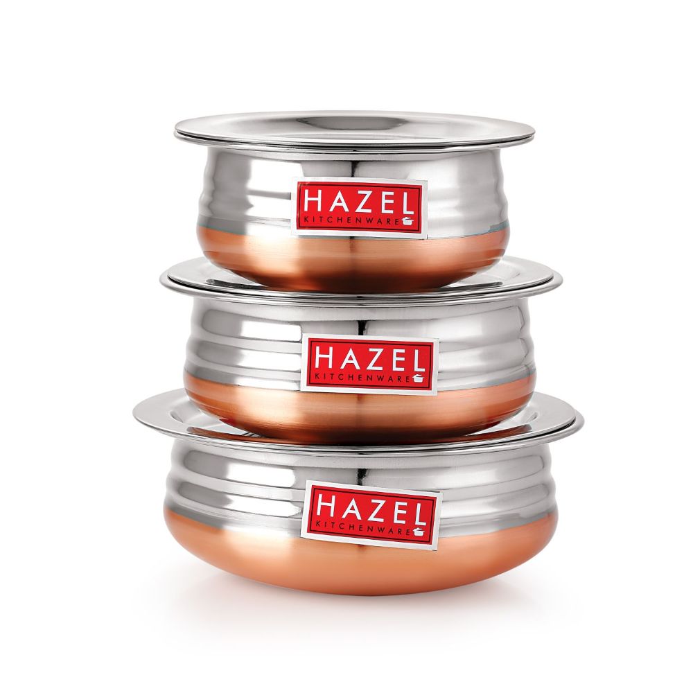 HAZEL Copper Bottom Urli Handi Set with Lid Cover| Premium Stainless Steel Cookware Set | Serving Cooking Tope Bowl for Kitchen | Copper Bottom Vessels for Cooking, 3 Piece