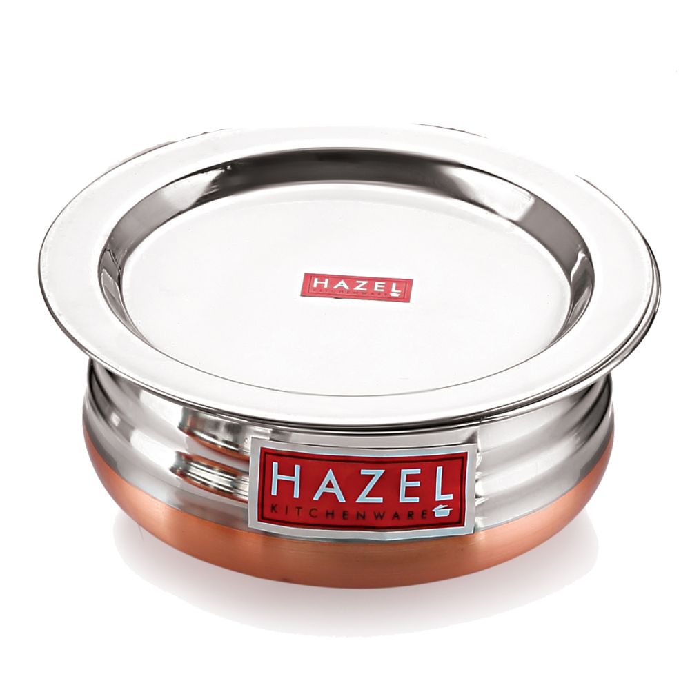 HAZEL Copper Bottom Urli Handi Set with Lid Cover| Premium Stainless Steel Cookware Set | Serving Cooking Tope Bowl for Kitchen | Copper Bottom Vessels for Cooking, 3 Piece
