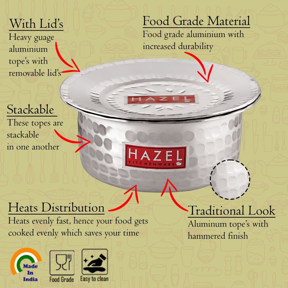 HAZEL Aluminium Hammered Milk Pot with Lid | Stock Pot with Lid | Boiling Bhagona Tope Set with Lid for Kitchen, 17.7 cm, 1000 ML, Silver