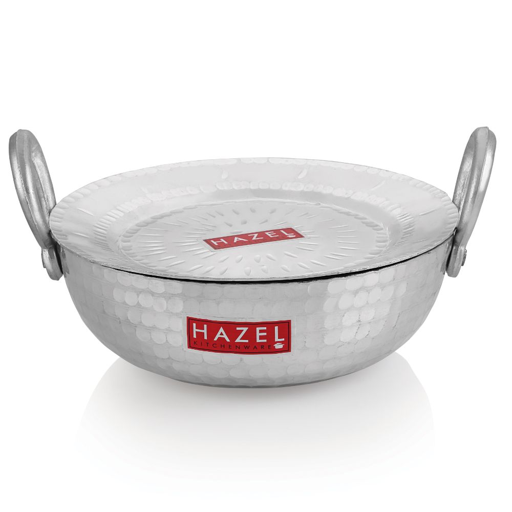 HAZEL Aluminium Hammered Finish Kadai with Lid Premium Round Bottom 16 Gauge Kadhai Vessel, 20 cm, 1300 ML