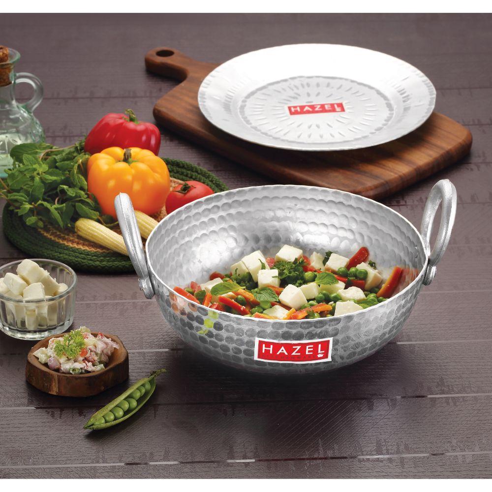HAZEL Aluminium Hammered Finish Kadhai with Lid Premium Round Bottom 16 Gauge Kadai Vessel, 22 cm, 1600 ML