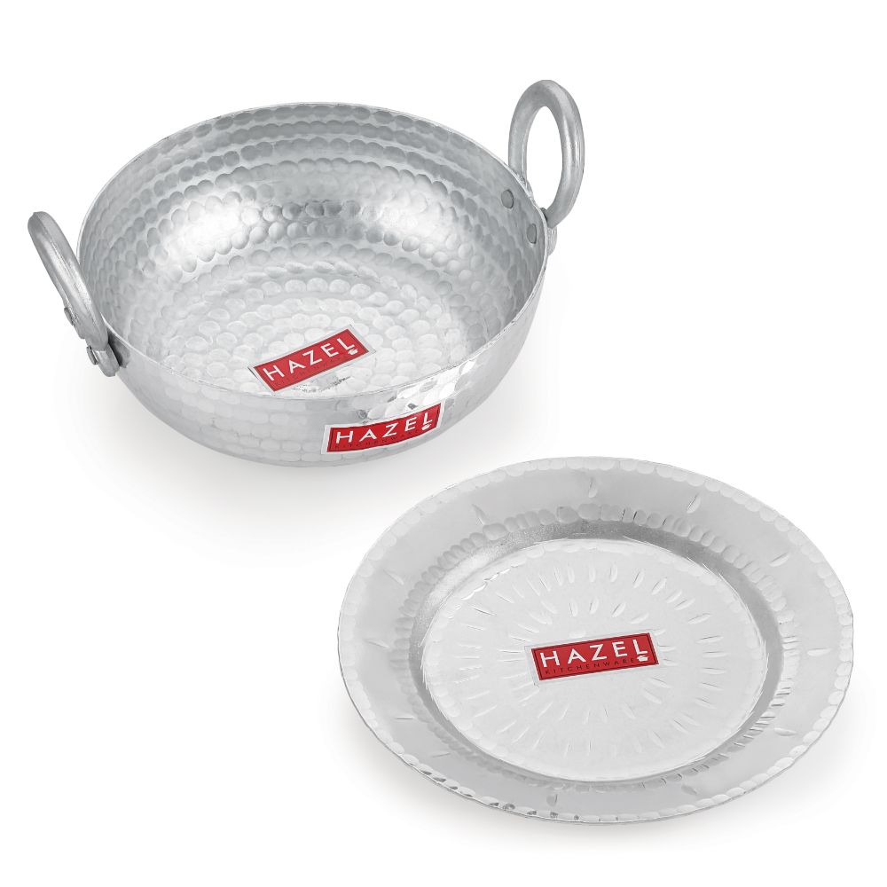 HAZEL Aluminium Hammered Finish Kadhai with Lid Premium Round Bottom 16 Gauge Kadai Vessel, 22 cm, 1600 ML
