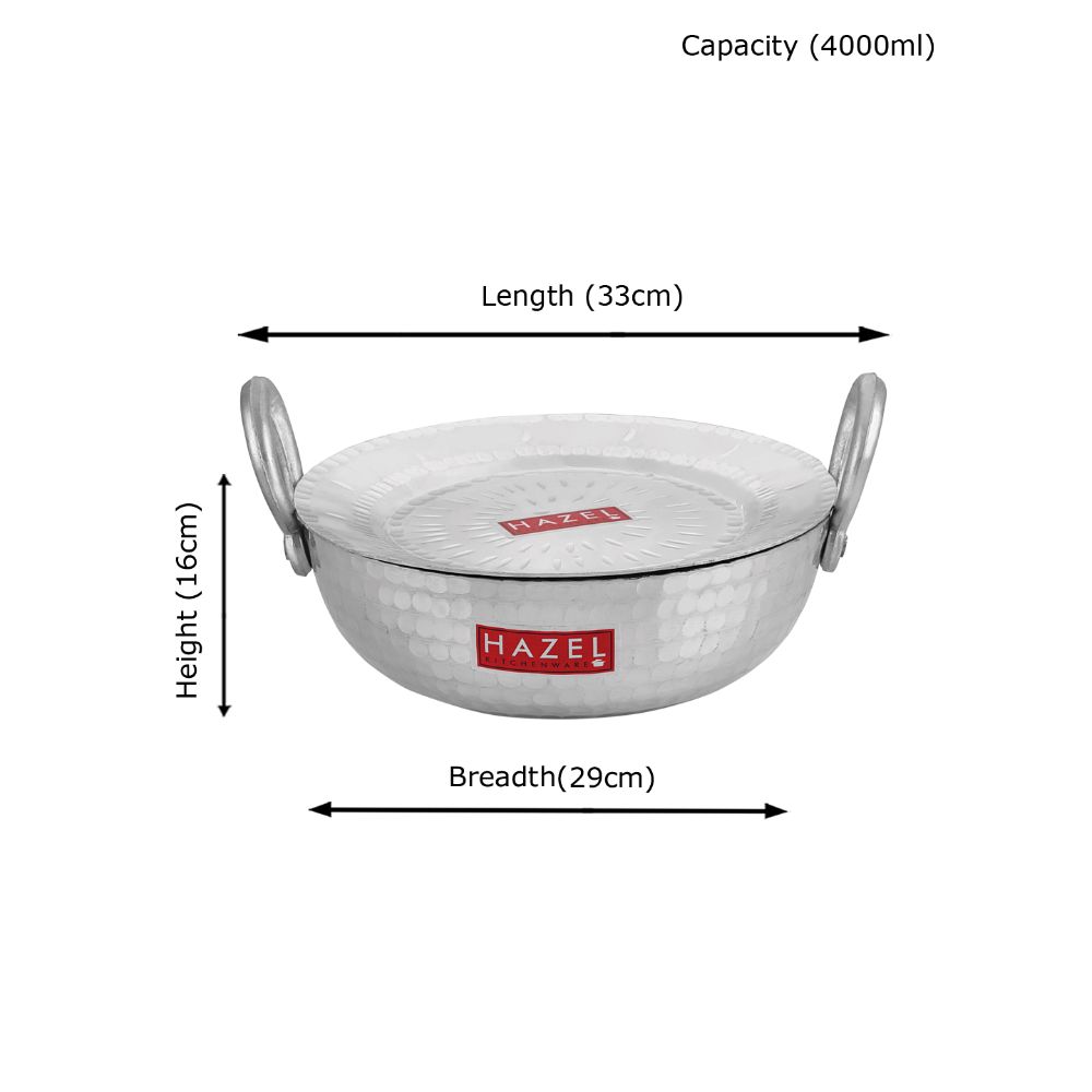 HAZEL Aluminium Hammered Finish Kadai with Lid Premium Round Bottom 16 Gauge Kadhai Vessel, 29 cm, 4000 ML