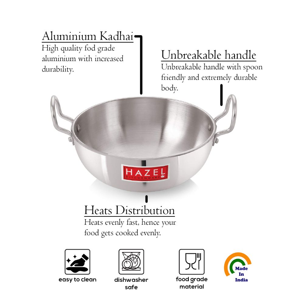 HAZEL Aluminium Cookware with Handle | Cooking Utensil, 5000 ml with 4 mm Thickness, Multipurpose Kadai for Deep Frying and Cooking, Silver