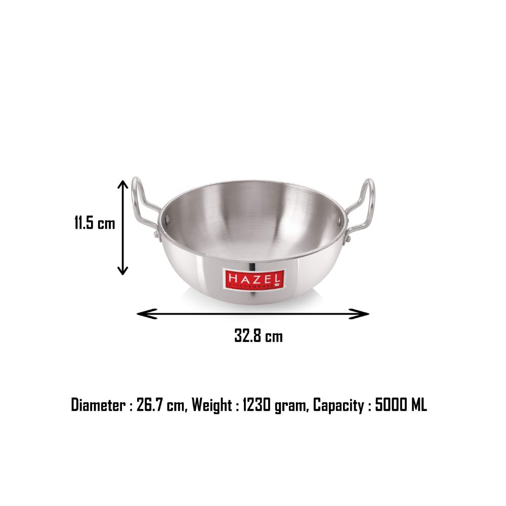 HAZEL Aluminium Cookware with Handle | Cooking Utensil, 5000 ml with 4 mm Thickness, Multipurpose Kadai for Deep Frying and Cooking, Silver