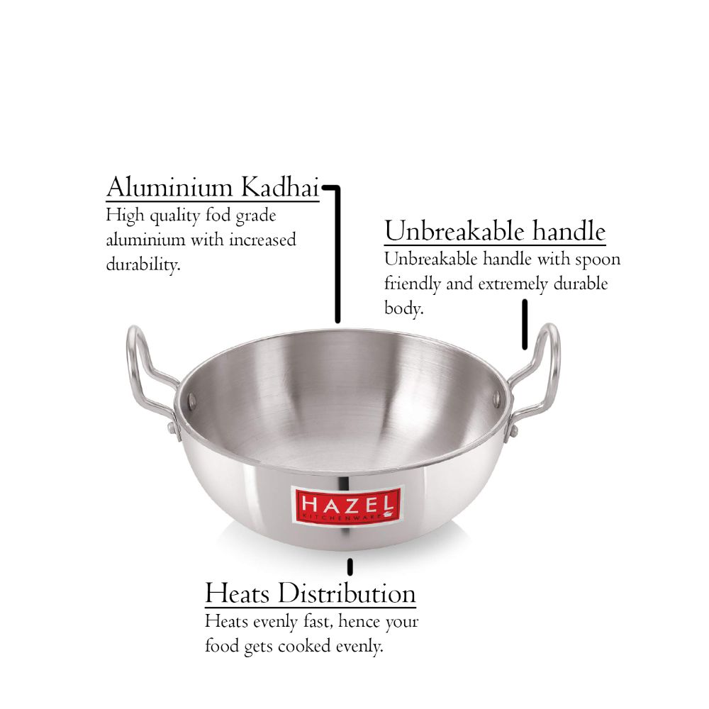 Hazel Aluminium Kadai for Cooking | 4 mm Kadhai Aluminium Big Size |Multipurpose Aluminium Kadai for Deep Frying, 6000 mL, Silver