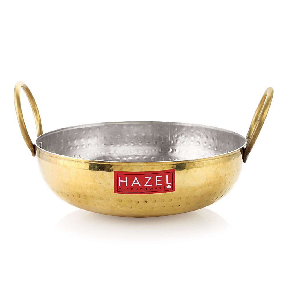 HAZEL Brass Kadai with Kalai | 100% Pure Brass Kadhai with Tin Coating | Brass Kadai for Cooking and Serving | Brass Utensils for Kitchen, 1600 ML, 20 cm