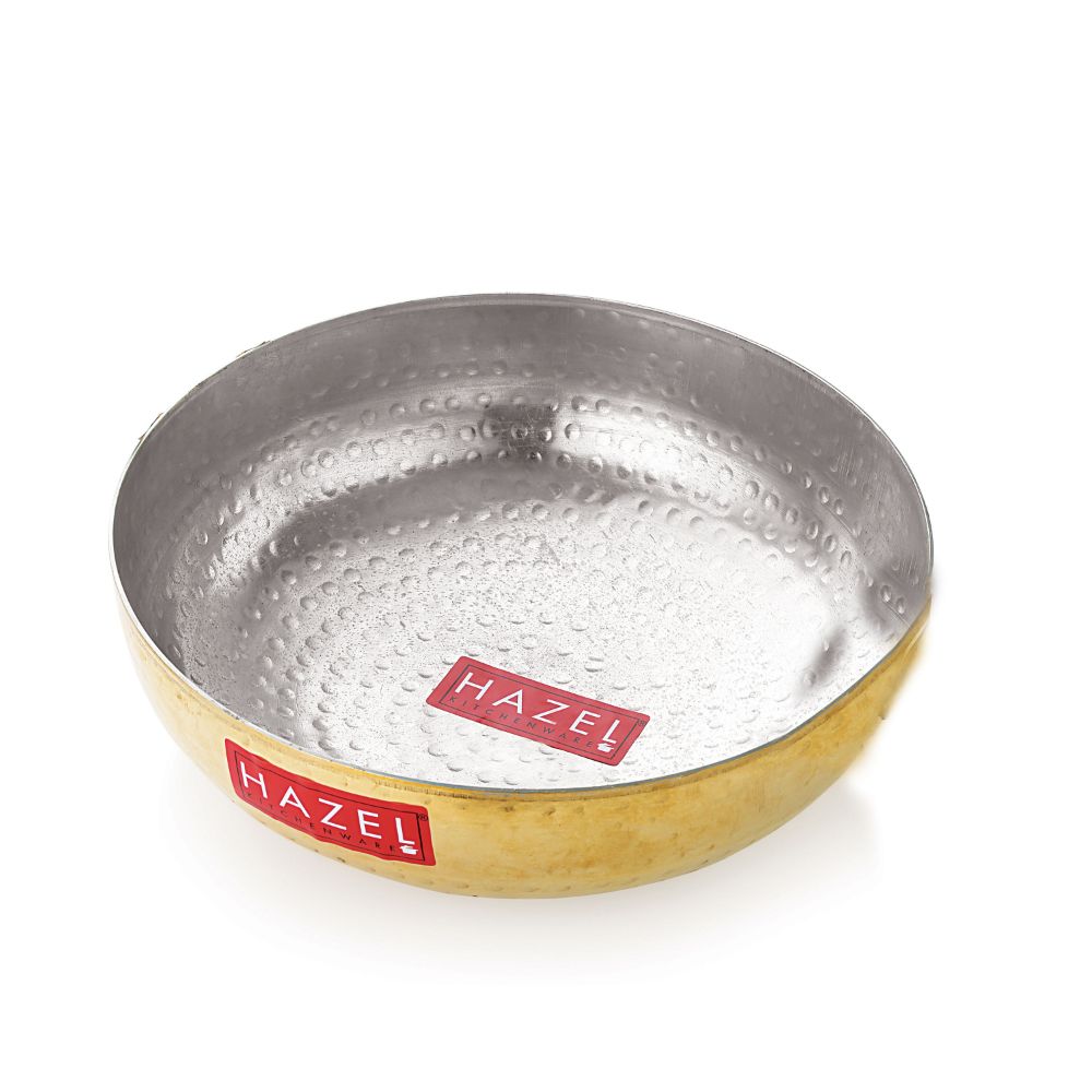 HAZEL Brass Kadai Tasra with Kalai | 100% Pure Brass Kadhai with Tin Coating | Brass Kadai Without Handle for Cooking and Serving | Brass Utensils for Kitchen, 1000 ML, 17.5 cm