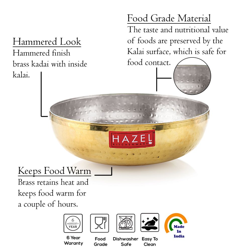 HAZEL Brass Kadai Tasra with Kalai | 100% Pure Brass Kadhai with Tin Coating | Brass Kadai Without Handle for Cooking and Serving | Brass Utensils for Kitchen, 1000 ML, 17.5 cm