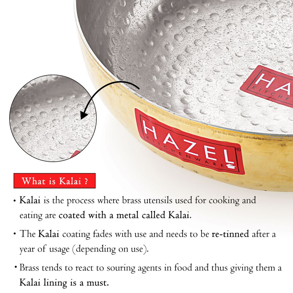 HAZEL Brass Kadai Tasra with Kalai | 100% Pure Brass Kadhai with Tin Coating | Brass Kadai Without Handle for Cooking and Serving | Brass Utensils for Kitchen, 1000 ML, 17.5 cm