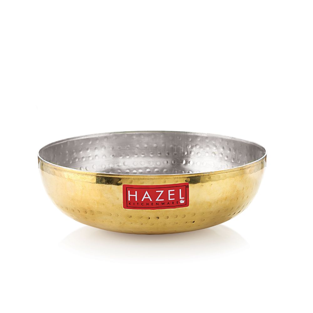 HAZEL Brass Kadai Tasra with Kalai | 100% Pure Brass Kadhai with Tin Coating | Brass Kadai Without Handle for Cooking and Serving | Brass Utensils for Kitchen, 2650 ML, 24 cm