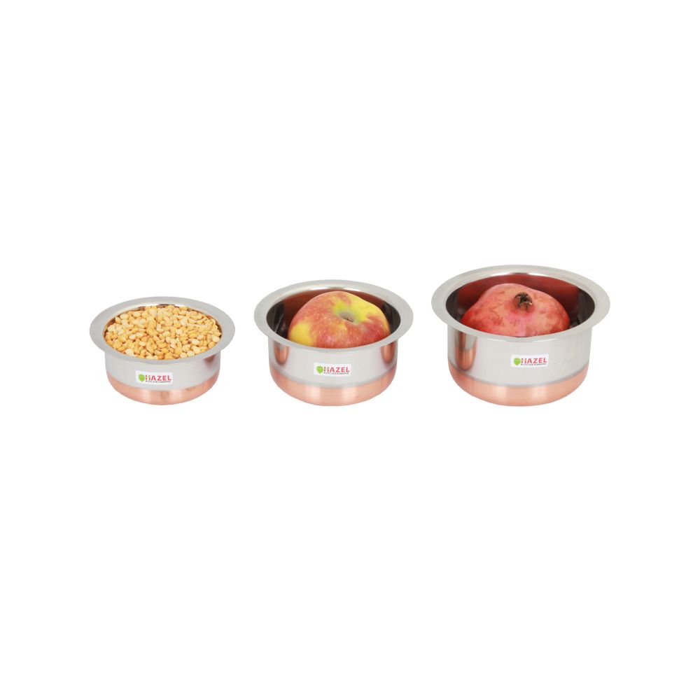 HAZEL Stainless Steel Tope with Copper Bottom | Small Bhagona Set of 3