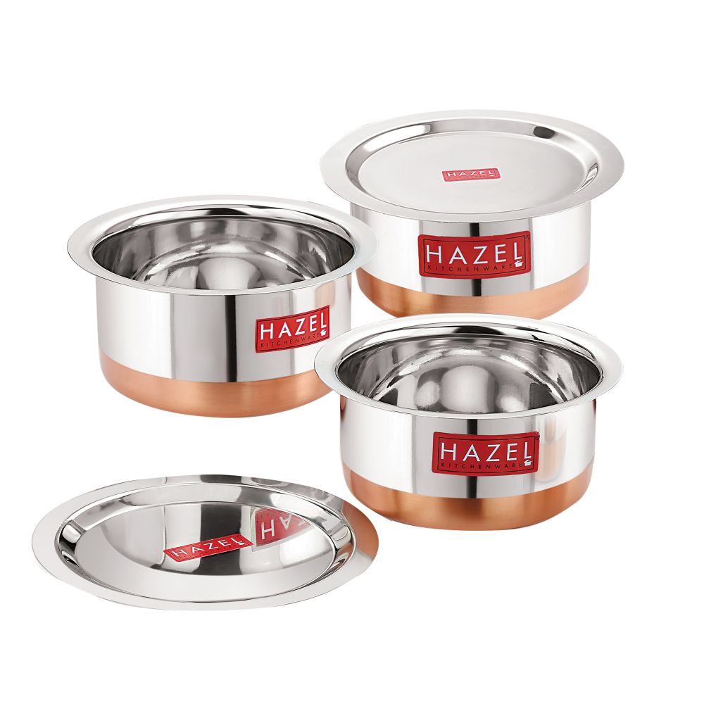 HAZEL Utensils Set for Kitchen I Set of 3, 1 L, 1.5 L, 1.9 L Capacity | Copper Bottom Utensils for Cooking I Steel Tope Set with Lid for Daily Use