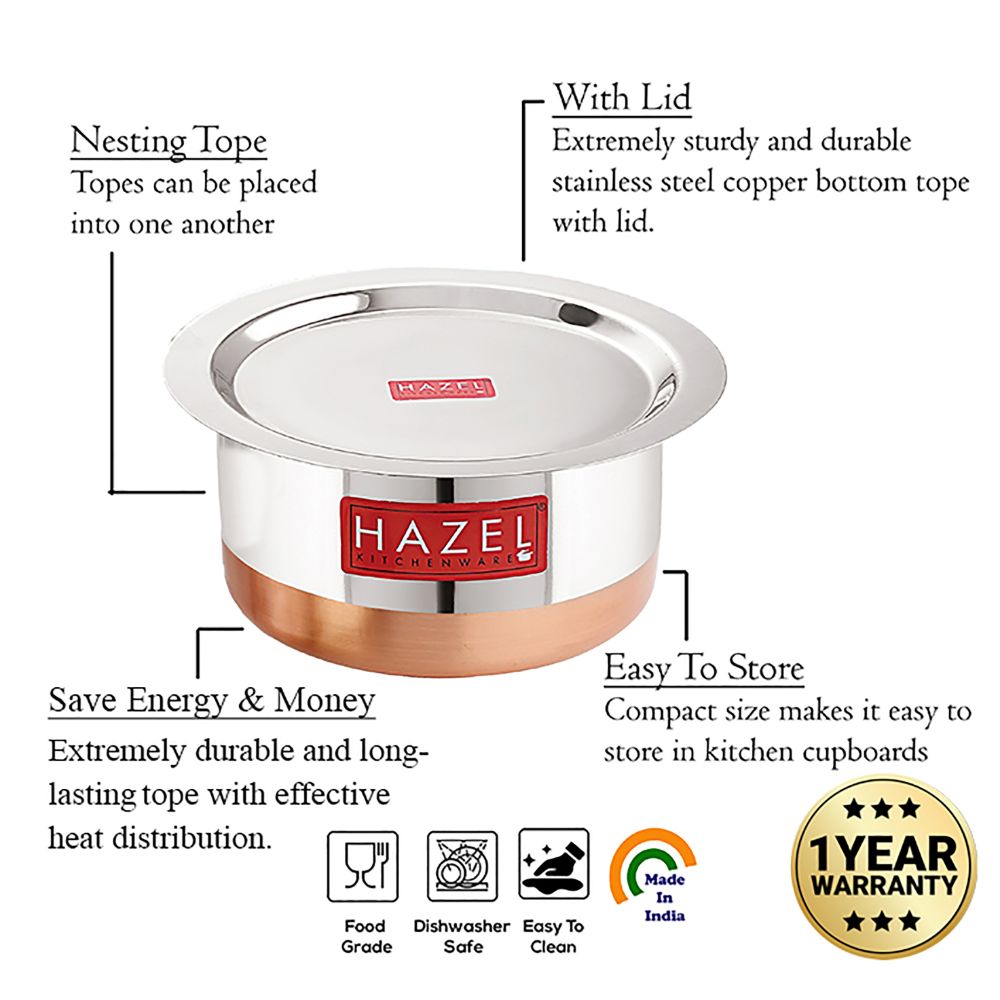 HAZEL Utensils Set for Kitchen I Set of 5, 1 L, 1.5 L, 1.9 L, 2.4 L and 3 L Capacity | Copper Bottom Utensils for Cooking I Steel Tope Set with Lid for Daily Use