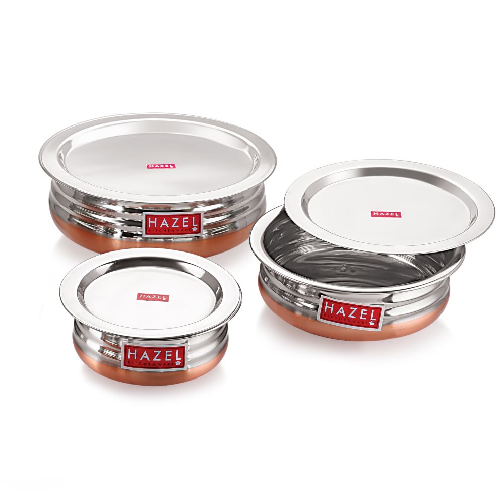 HAZEL Stainless Steel Kitchen Set with Lid | Copper Bottom Serving Bowl Set of 3, 800 ml, 1200 ml, 1600 ml with I Stainless Steel Vessels Tasra Kadai, Silver and Copper