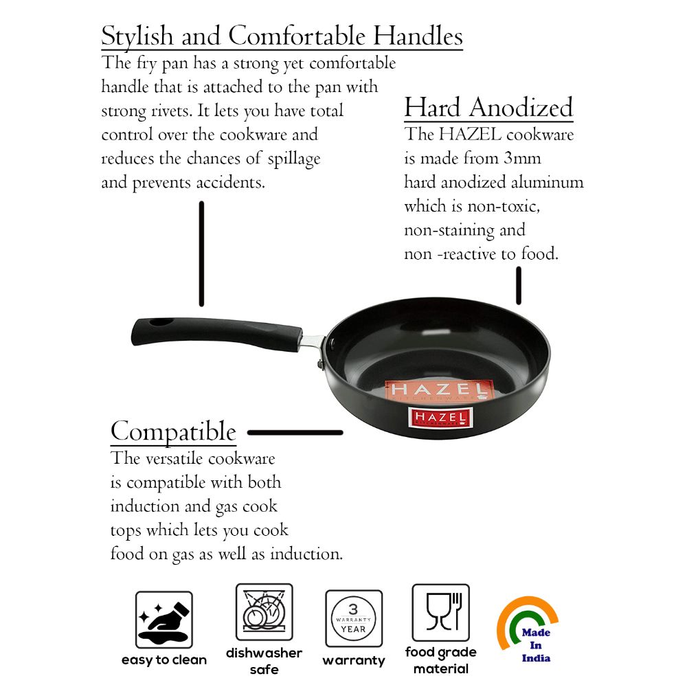 HAZEL Hard Anodised Frying Pan 3 mm Aluminium Anodized Fry Pan, 21.6 cm, 1800 ML