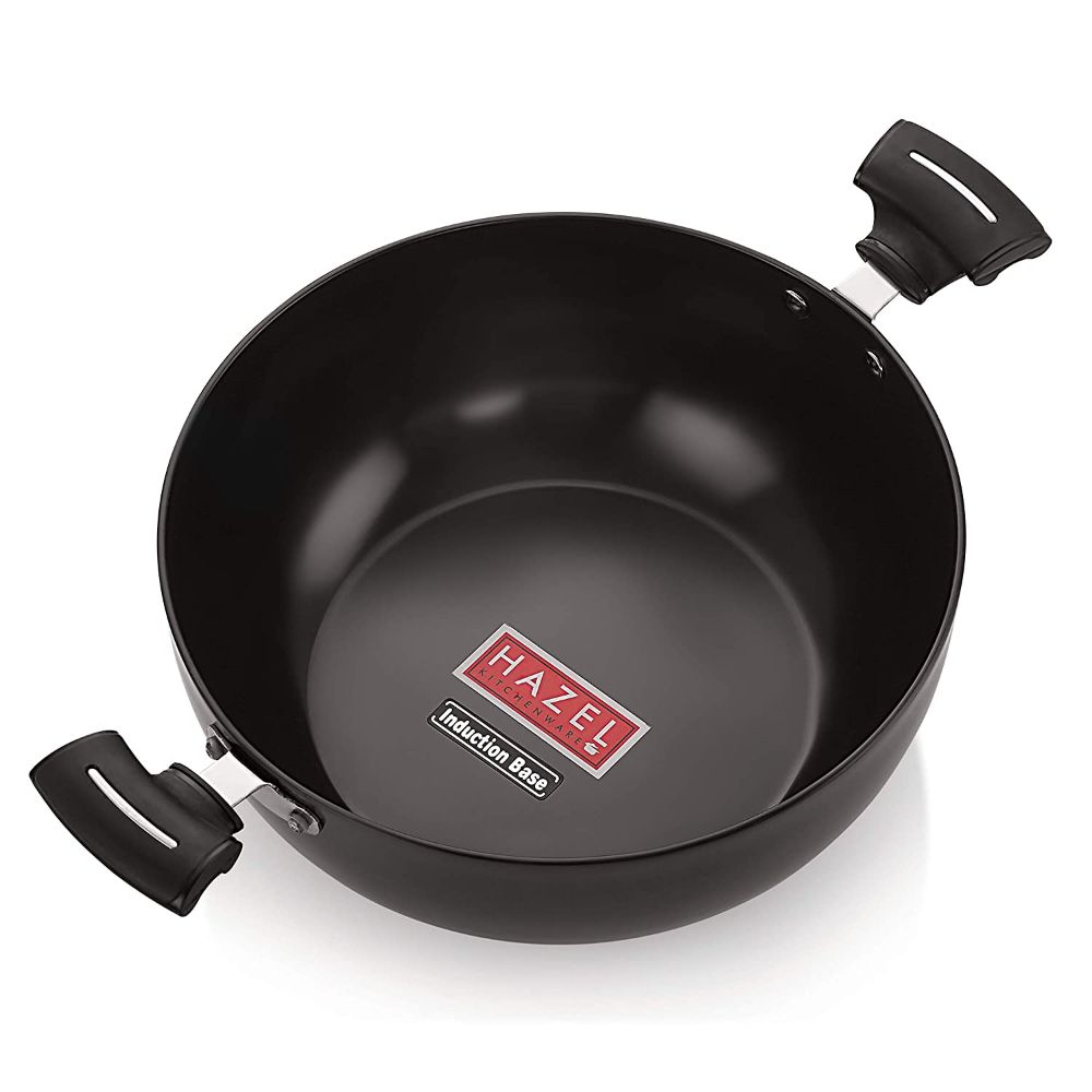 HAZEL Hard Anodized Aluminium Kadhai | 3 mm Induction Bottom Aluminium Kadai Kadahi | Flat Bottom Base Induction Cookware for Kicthen, 4800 ML, Black