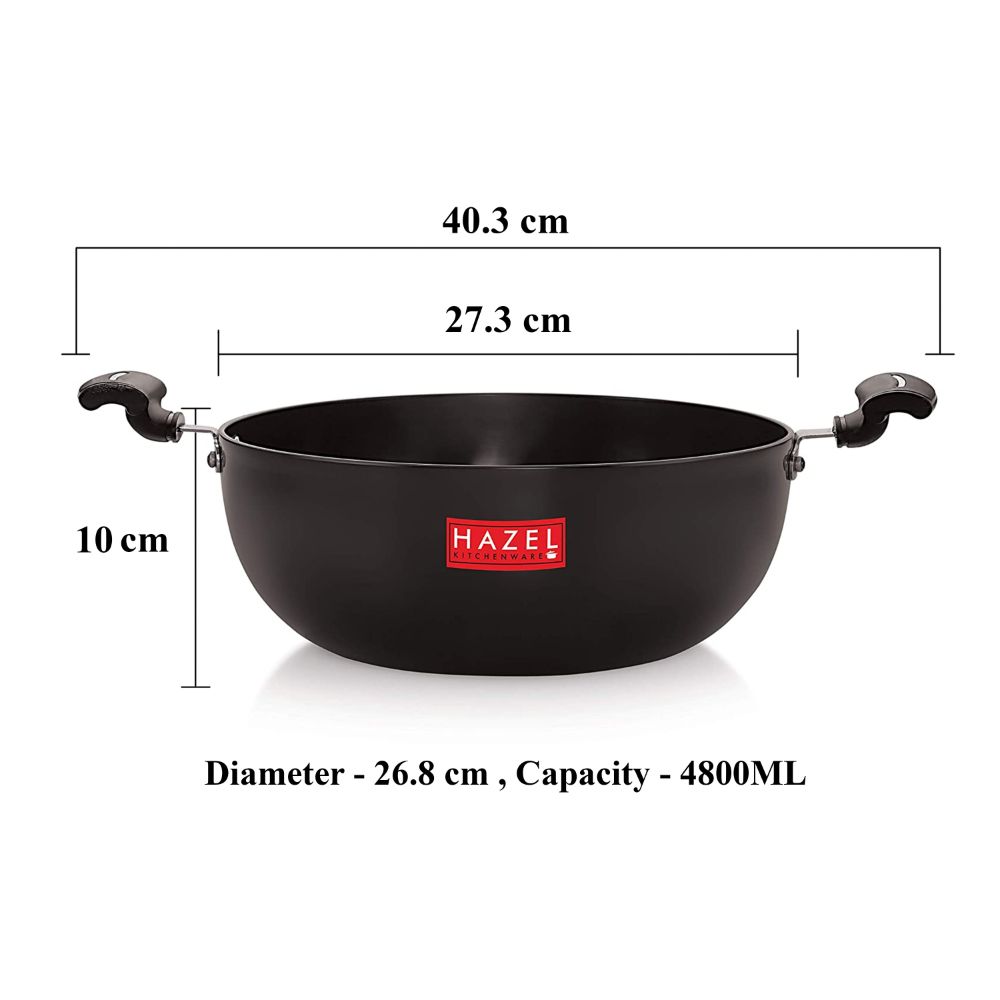 HAZEL Hard Anodized Aluminium Kadhai | 3 mm Induction Bottom Aluminium Kadai Kadahi | Flat Bottom Base Induction Cookware for Kicthen, 4800 ML, Black