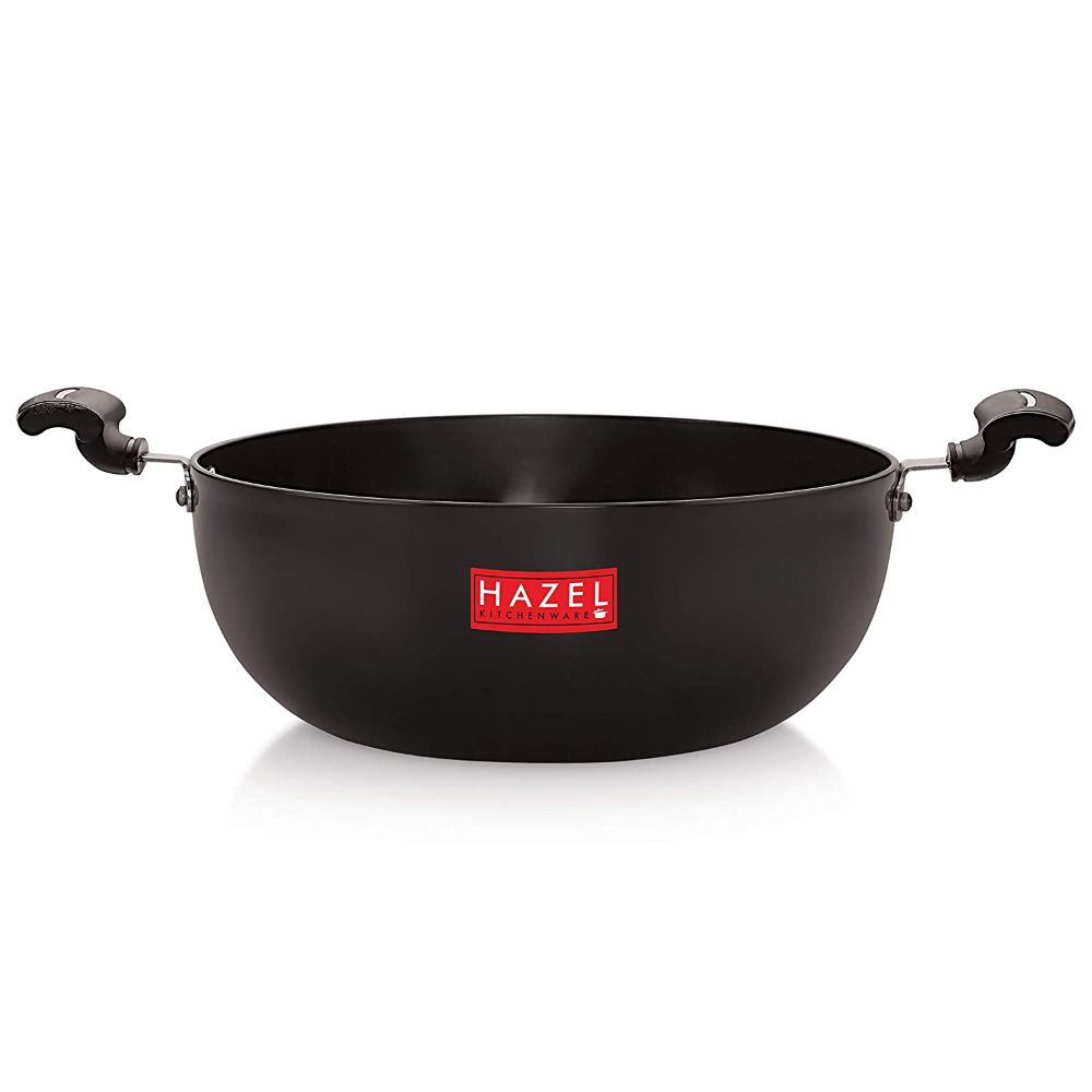 HAZEL Hard Anodized Aluminium Kadhai | 3 mm Induction Bottom Aluminium Kadai Kadahi | Flat Bottom Base Induction Cookware for Kicthen, 4800 ML, Black