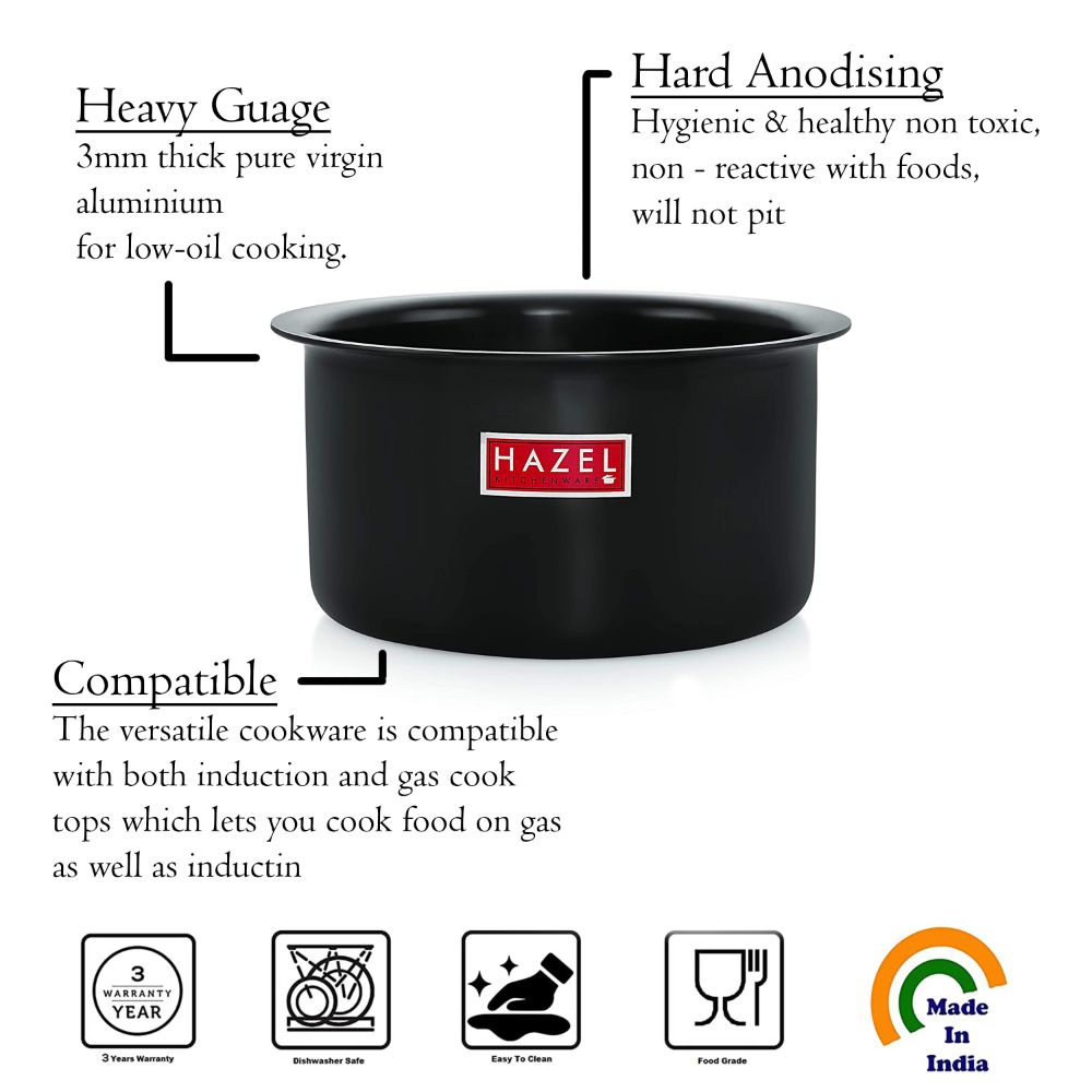 HAZEL Hard Anodised Aluminium Tope | 3mm Induction Bottom Black Tope Patila Bhagona | Flat Bottom Base Induction Cookware for Kicthen, 3600 ML, Black