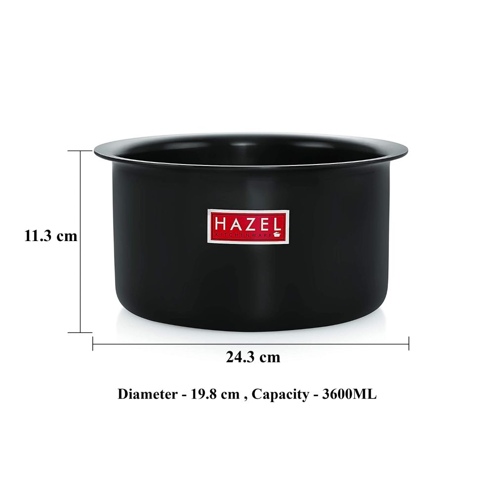 HAZEL Hard Anodised Aluminium Tope | 3mm Induction Bottom Black Tope Patila Bhagona | Flat Bottom Base Induction Cookware for Kicthen, 3600 ML, Black