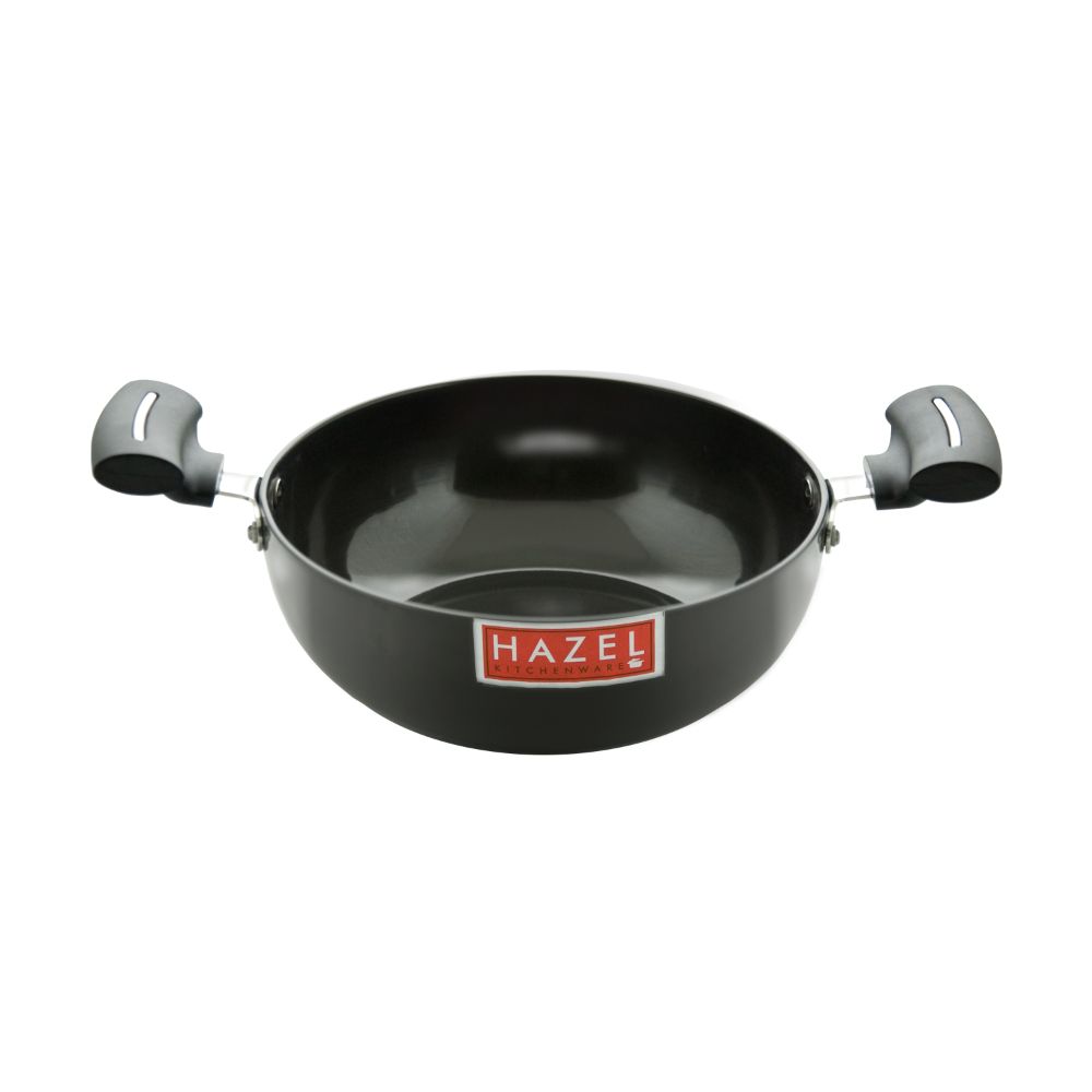 HAZEL 3 mm Hard Anodised Kadai Deep Aluminium Anodized Frying Kadhai, 900 ML, Black