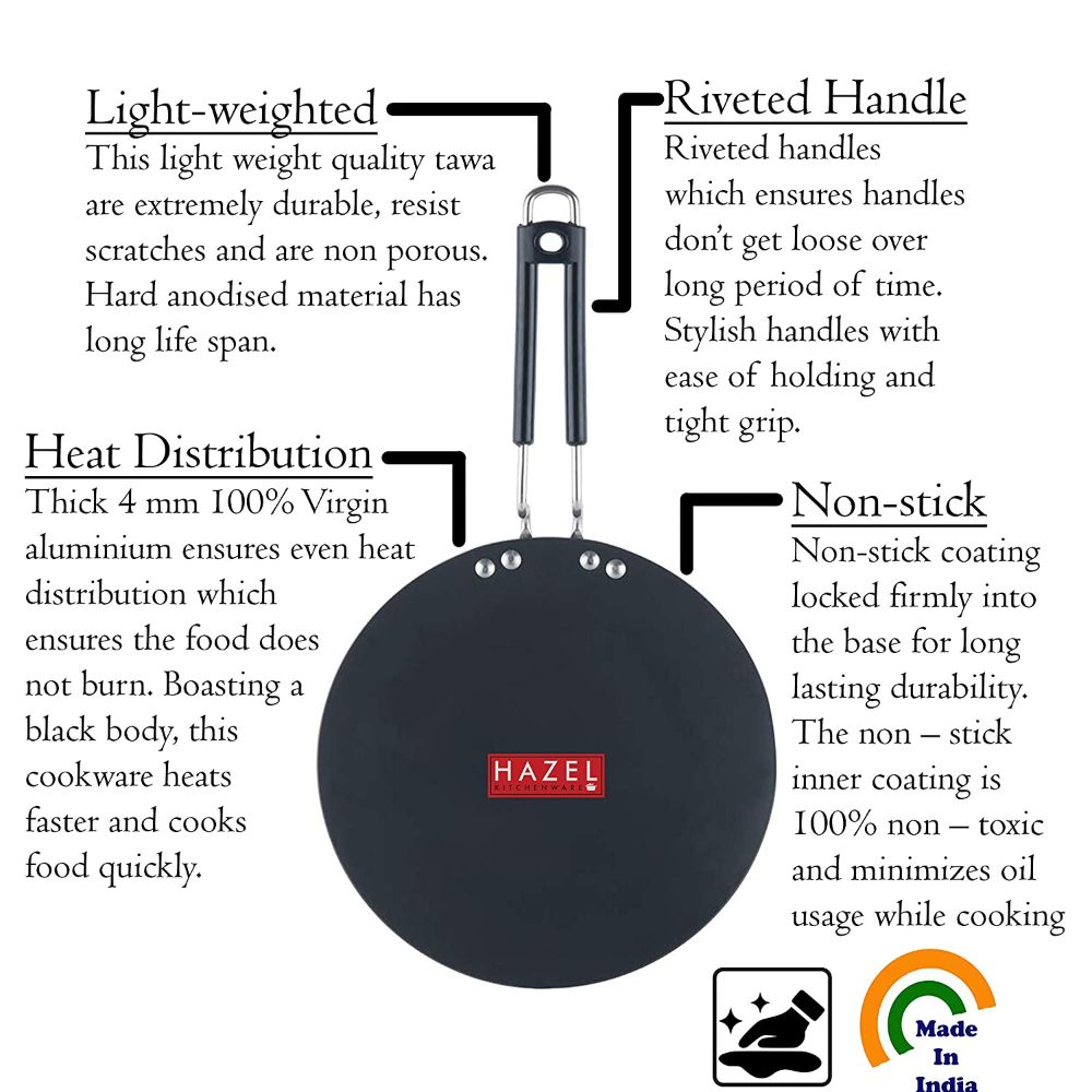 HAZEL 3 mm Hard Anodised Tawa Aluminium Anodized Chapati Roti Tava, 22.7 cm, Black