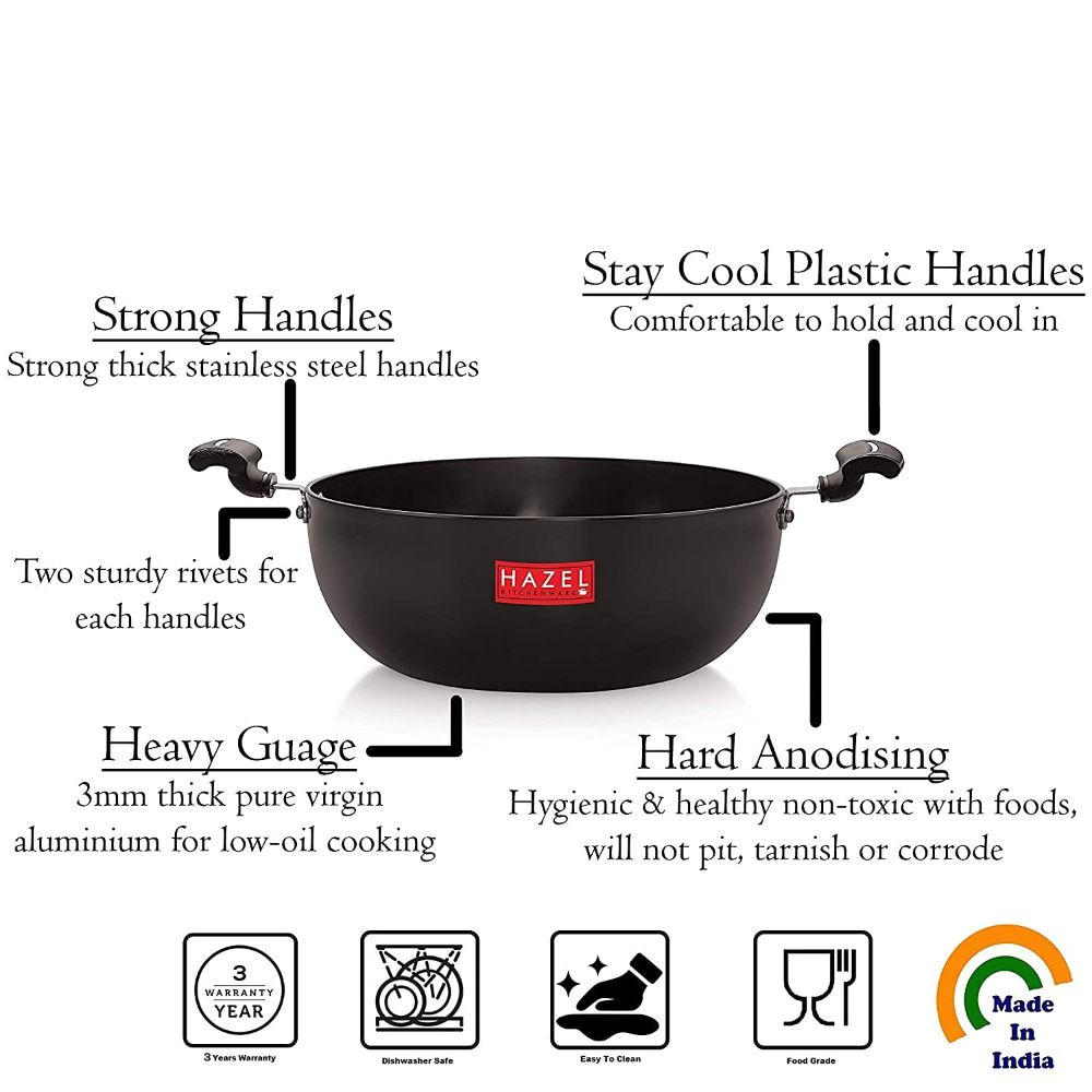 HAZEL Hard Anodised Kadai with Handle| Hard Anodized Kadhai Kadahi Karahi Cookware Utensil for Frying, 5000 ml, 26.8 cm, Black