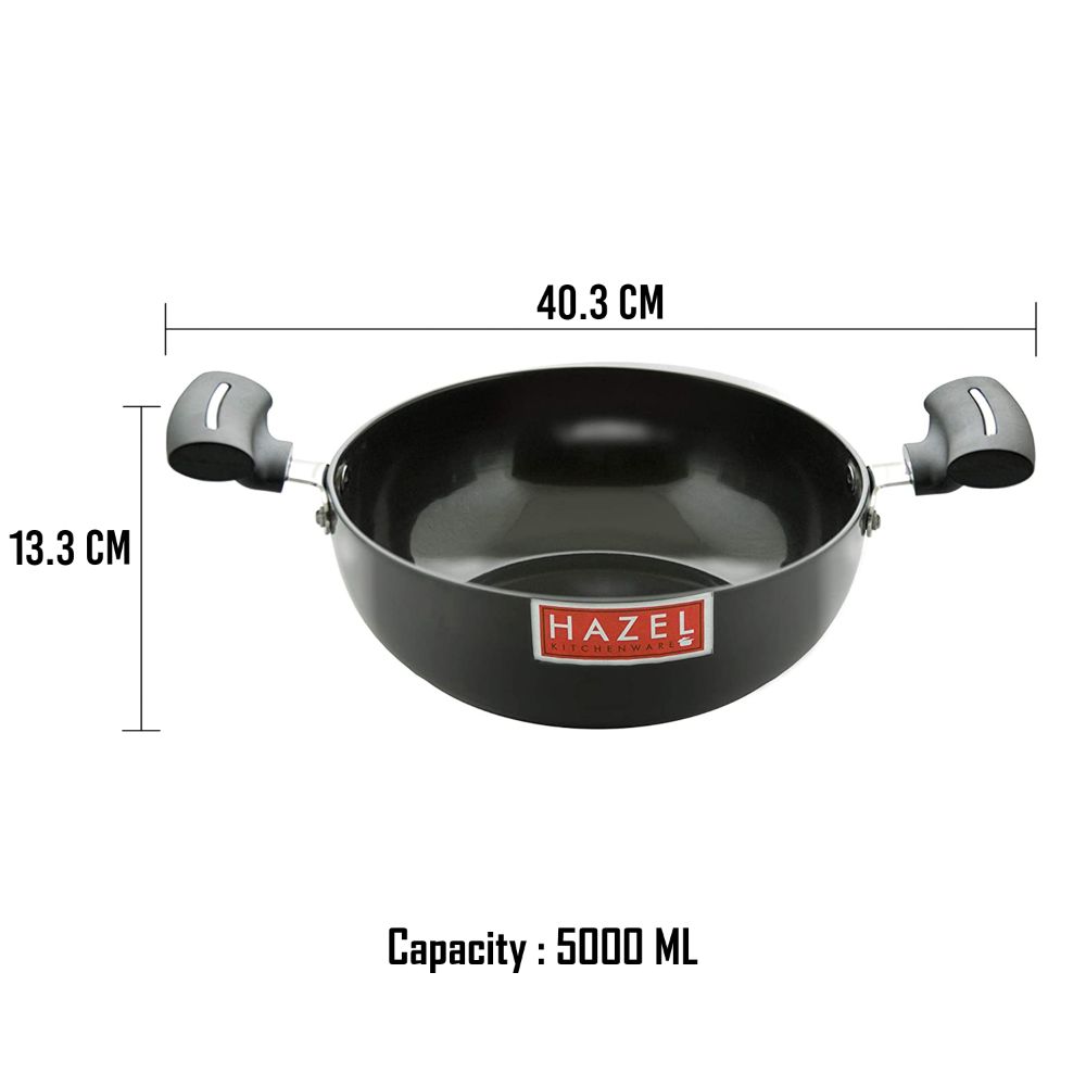 HAZEL Hard Anodised Kadai with Handle| Hard Anodized Kadhai Kadahi Karahi Cookware Utensil for Frying, 5000 ml, 26.8 cm, Black