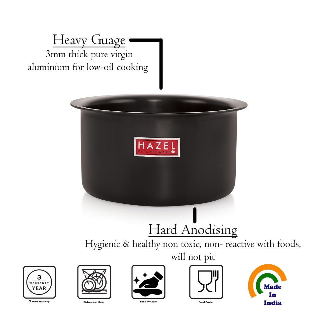 HAZEL Hard Anodised Tope Patila 3mm Aluminium Anodized Boiling Vessels Bhagona Dekchi, 1100 ML, 14.2 cm