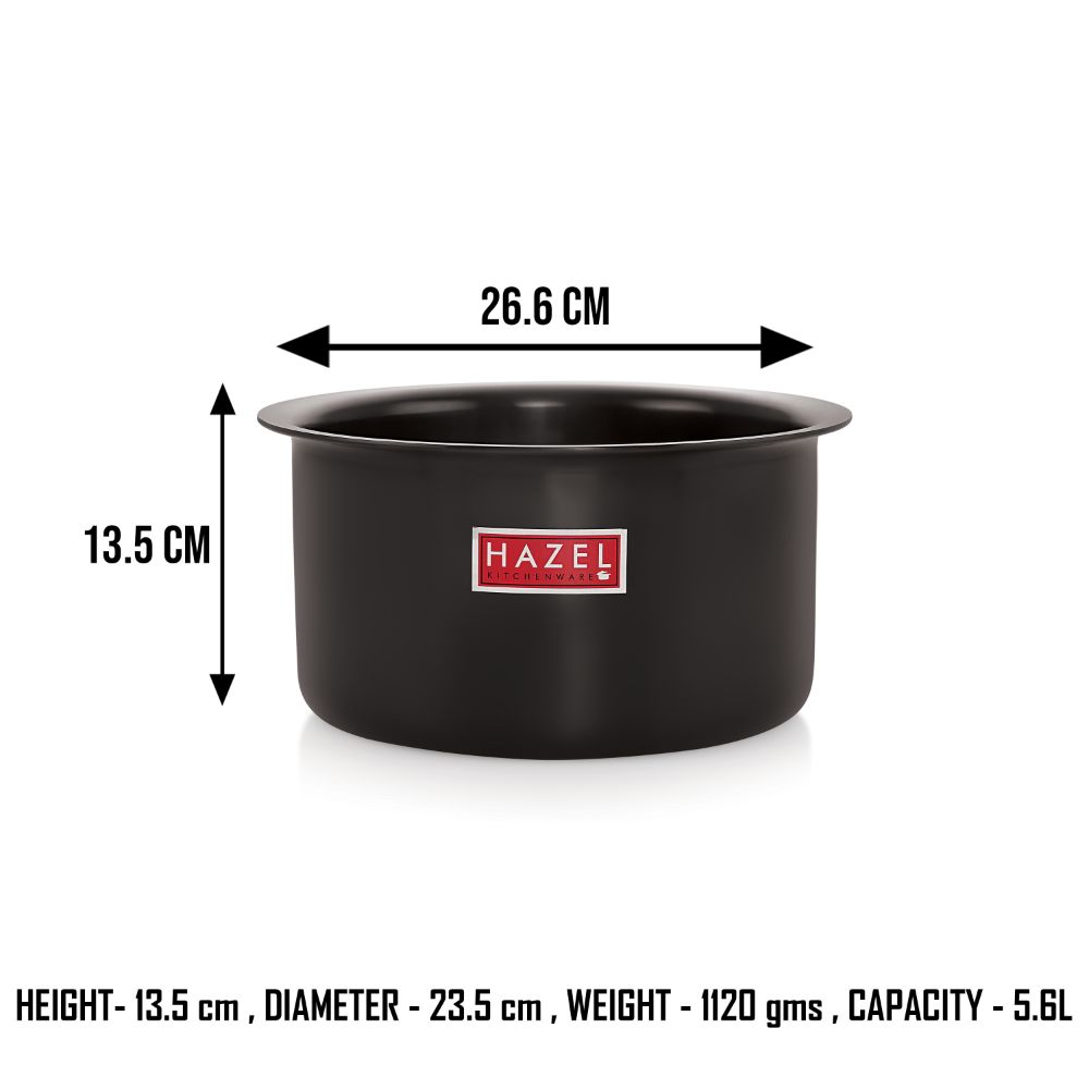 HAZEL Hard Anodised Tope Patila 3mm Aluminium Anodized Boiling Vessels Bhagona Dekchi, 5600 ml, 23.5 cm, Black