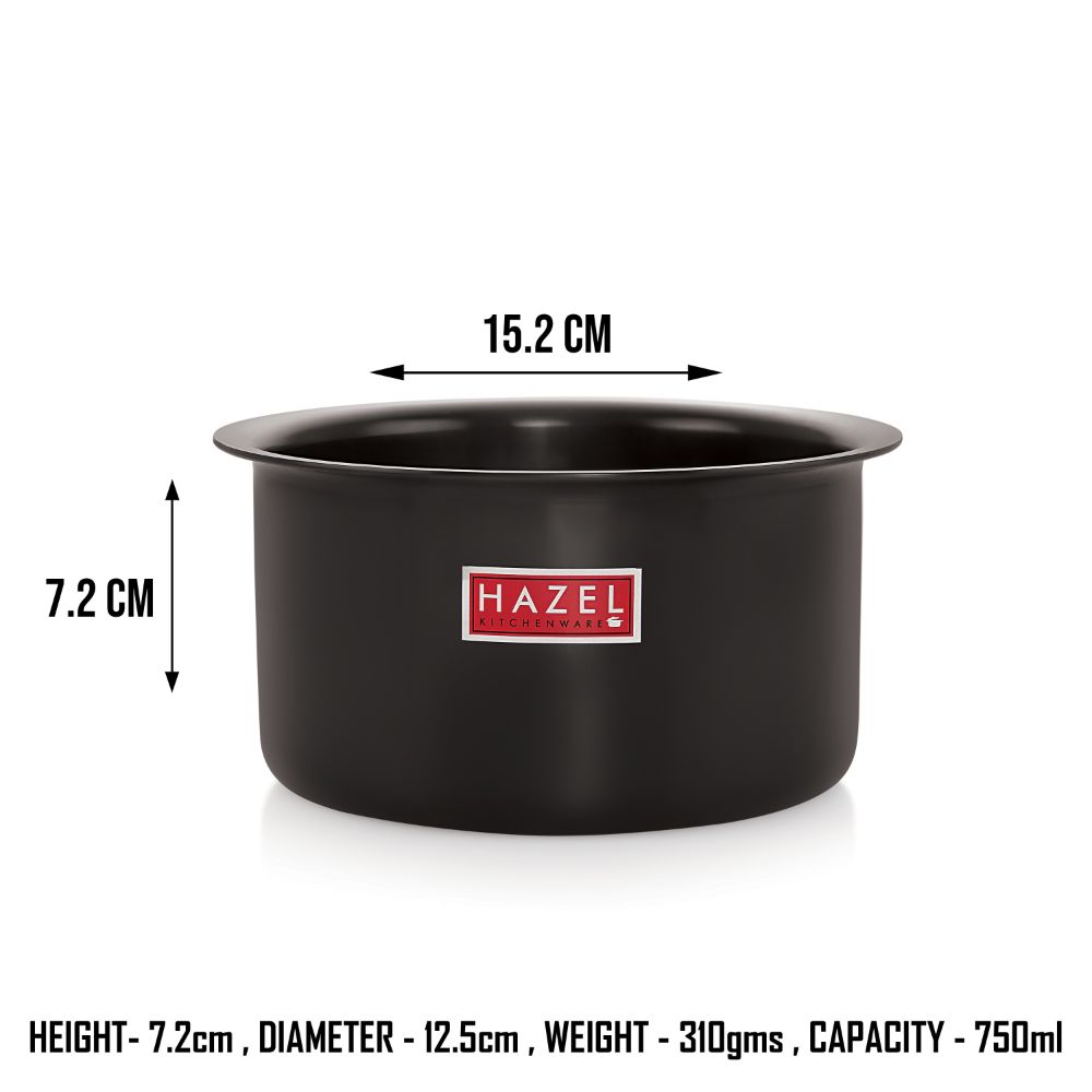 HAZEL Hard Anodised Tope Patila 3mm Aluminium Anodized Boiling Vessels Bhagona Dekchi, 750 ml, 12.5 cm, Black