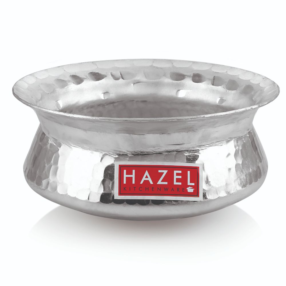 HAZEL Aluminium Hammered Finish Handi with Lid Biryani Rice Cooking Pot Dhari Patiya Tope Patila Vessel, 19 cm, 1300 ML Silver