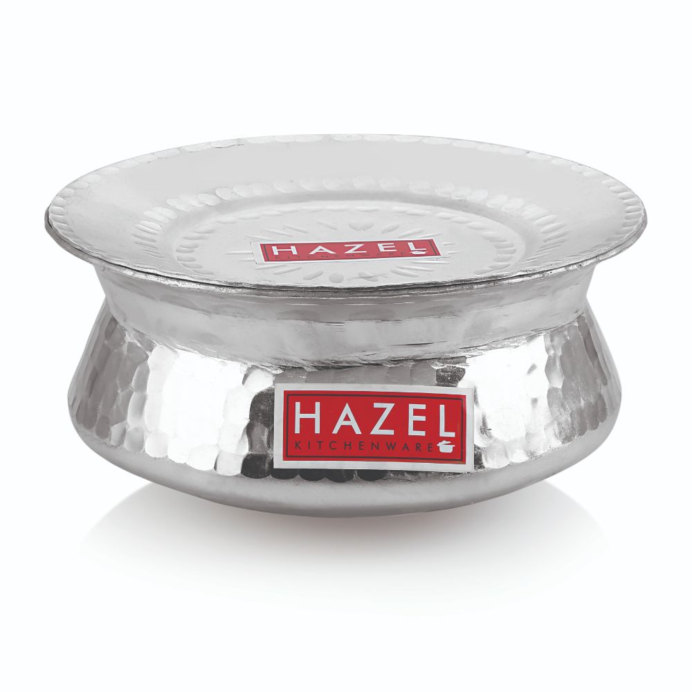 HAZEL Aluminium Hammered Finish Handi with Lid Biryani Rice Cooking Pot Dhari Patiya Tope Patila Vessel, 20 cm, 1800 ML Silver