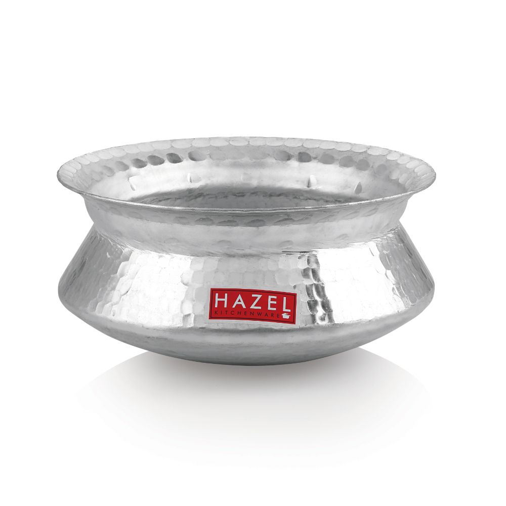 HAZEL Aluminium Hammered Finish Handi with Lid Biryani Rice Cooking Pot Dhari Patiya Tope Patila Vessel, 24 cm, 3600 ML Silver